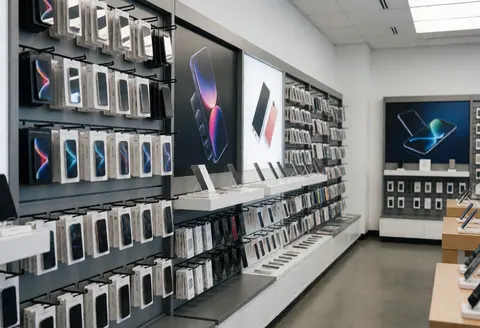 A clean, empty electronics store interior featuring shelves and display stands for smartphones and accessories, illuminated by bright white lighting against a neutral background.
