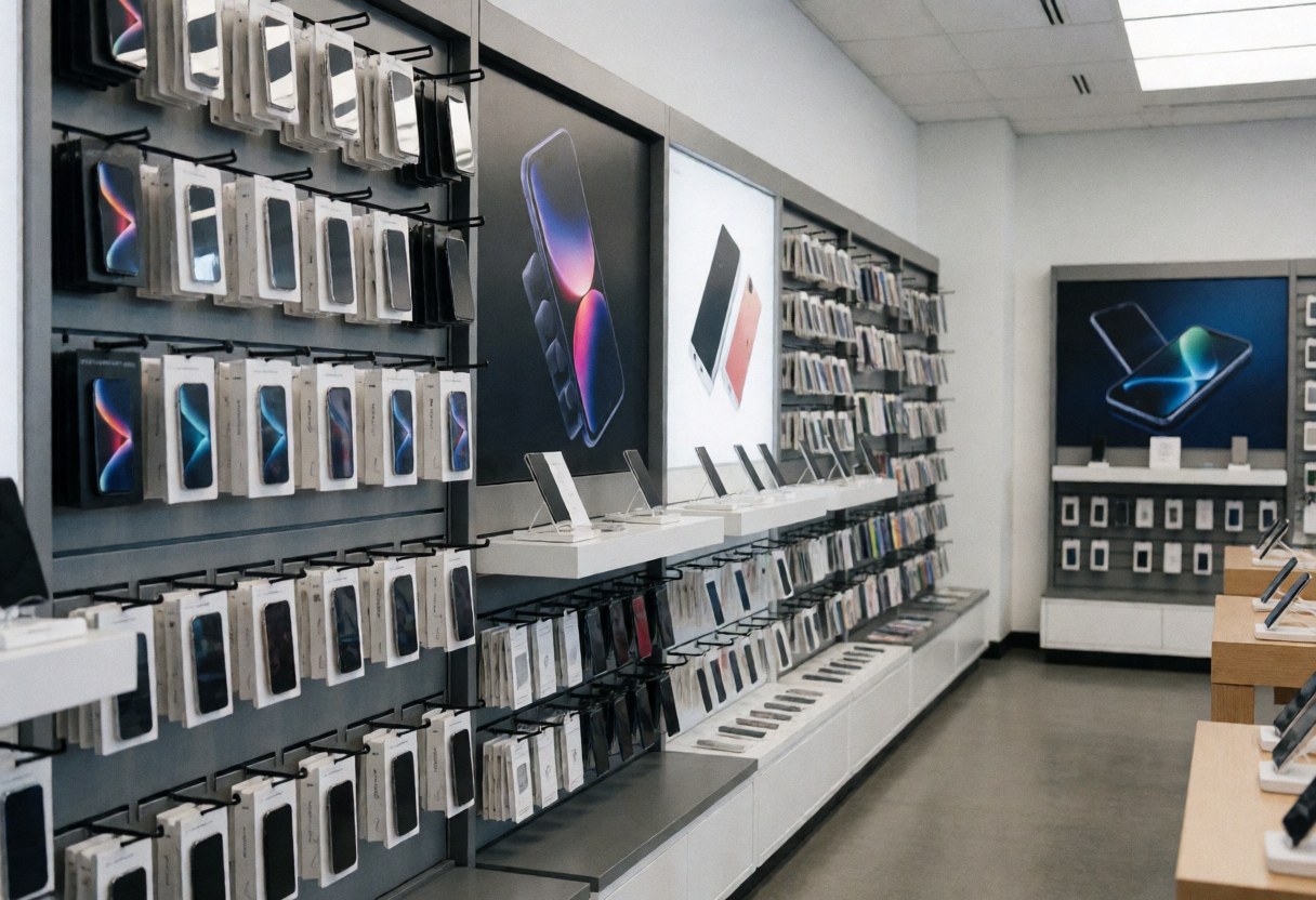 A clean, empty electronics store interior featuring shelves and display stands for smartphones and accessories, illuminated by bright white lighting against a neutral background.