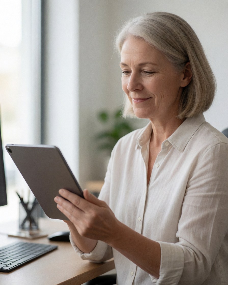 Smiling professional woman in a white blouse reviewing a tablet in a bright modern office with natural light and blurred background