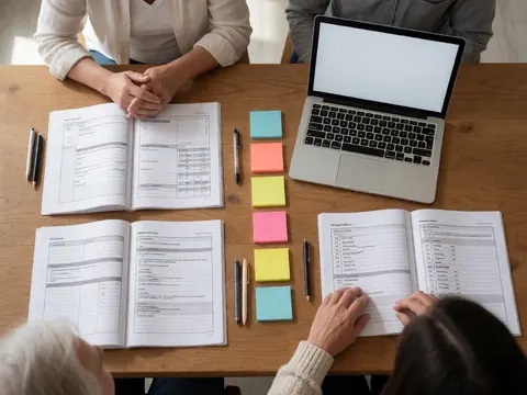 Wooden training table with notebooks, sticky notes, pencils, and a laptop under natural light, with people working on documents.