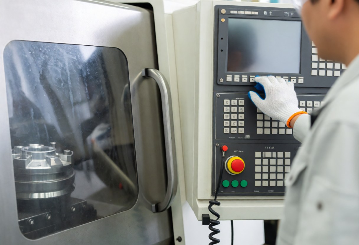 A machinist wearing a white glove operates a CNC machine control panel with a metal part visible through the window in a bright industrial workshop.