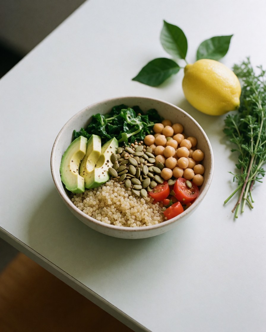 A vibrant and nutritious bowl filled with quinoa, chickpeas, avocado, fresh vegetables, seeds, and herbs served on a wooden table