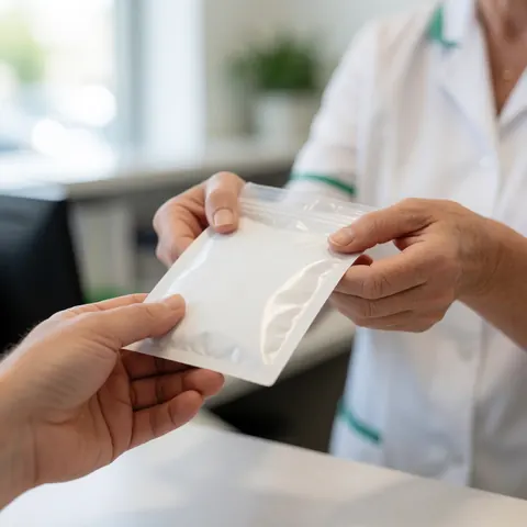 A close-up view of a hand holding a plastic sample bag, ready for delivery in a medical laboratory setting with a blurred background
