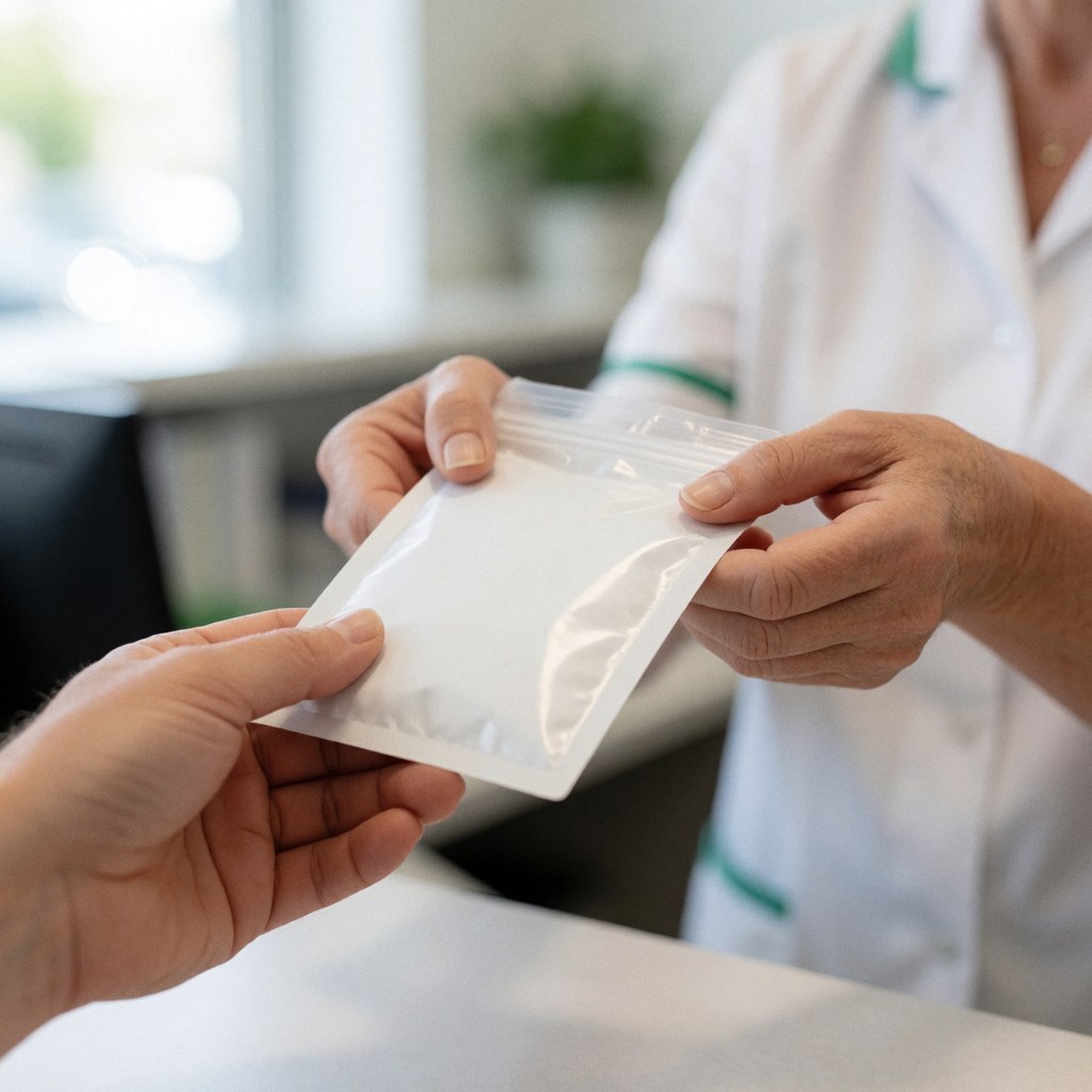 A close-up view of a hand holding a plastic sample bag, ready for delivery in a medical laboratory setting with a blurred background