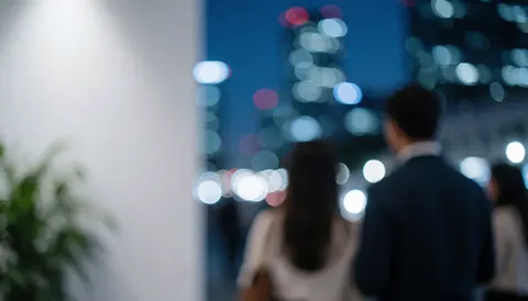 Dark urban night scene with soft bokeh lights, professional atmosphere, and ample copy space on the left for security business text.