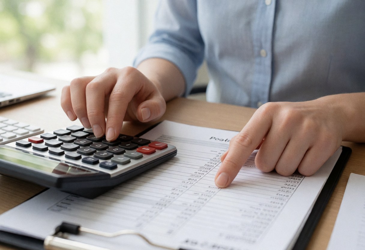 Professional using calculator and reviewing insurance form in office with natural light