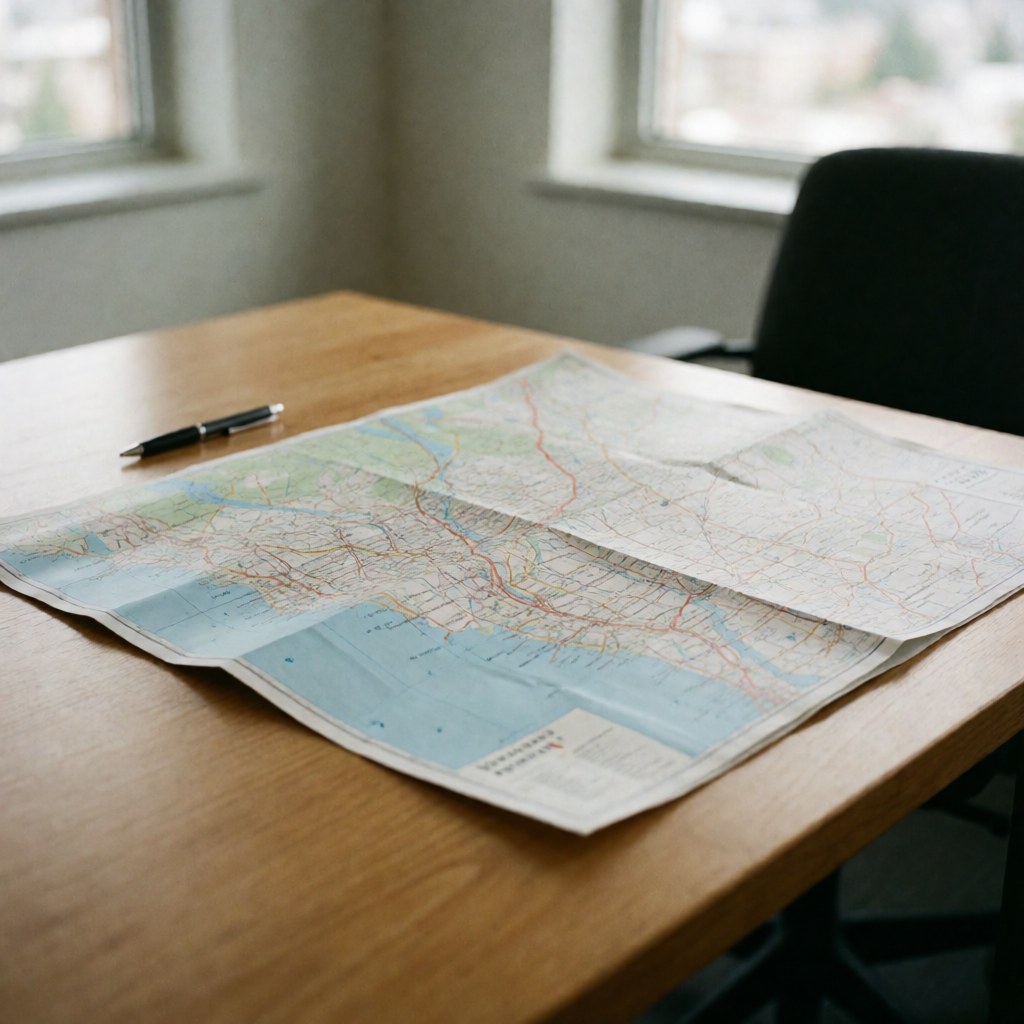 A travel map and a pen resting on a wooden surface near a window, symbolizing travel planning for a business.