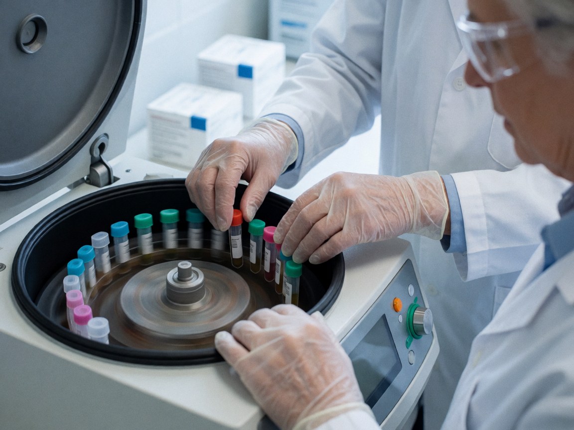 A clinical lab technician wearing gloves and safety glasses places sample tubes into a spinning centrifuge in a clean, professional environment.