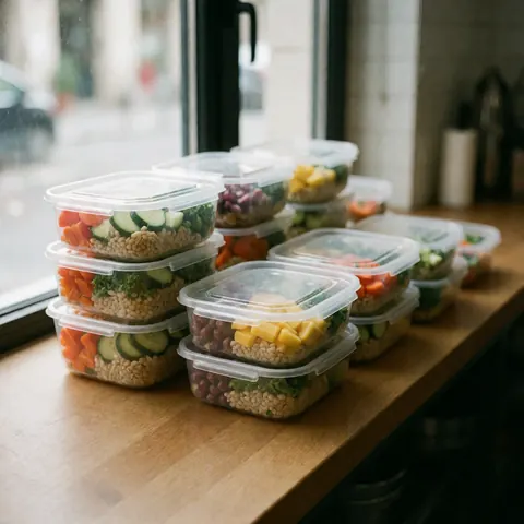Glass meal prep containers filled with healthy vegetables and grains arranged on a wooden table near a window with natural light