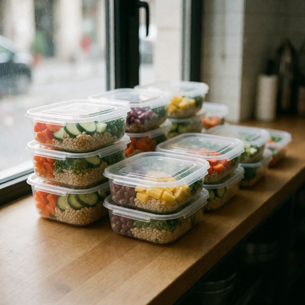Glass meal prep containers filled with healthy vegetables and grains arranged on a wooden table near a window with natural light