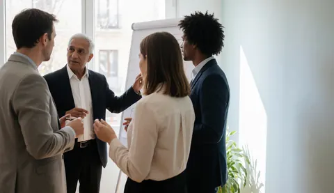 Four professionals discussing ideas in front of a whiteboard in a bright modern office with plants and natural light.