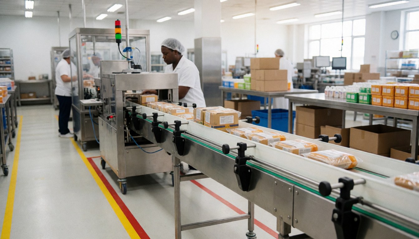A clean industrial food production line featuring a conveyor belt moving packaged goods through a factory workspace with metal equipment and bright lighting.