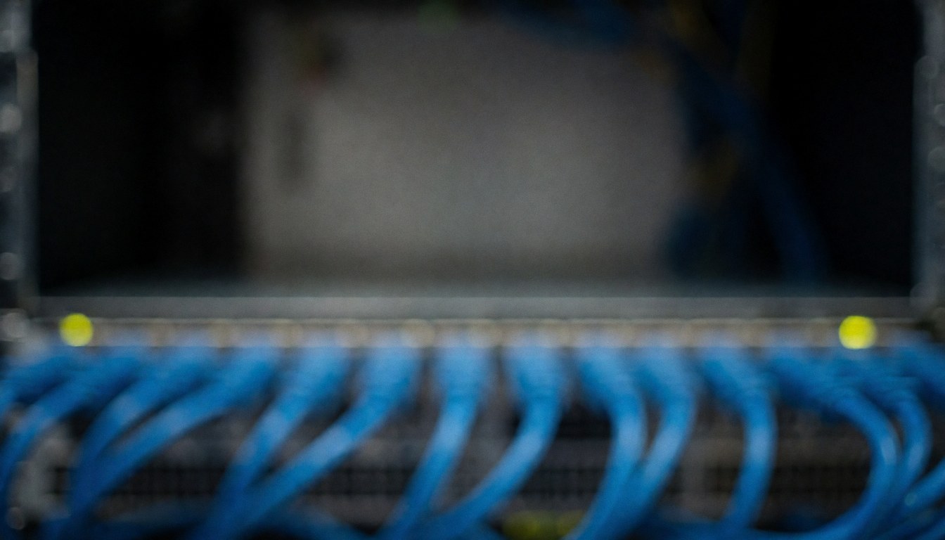 Abstract background of server racks with blue cables and lights, ideal for software and startup text overlays in a professional tech environment