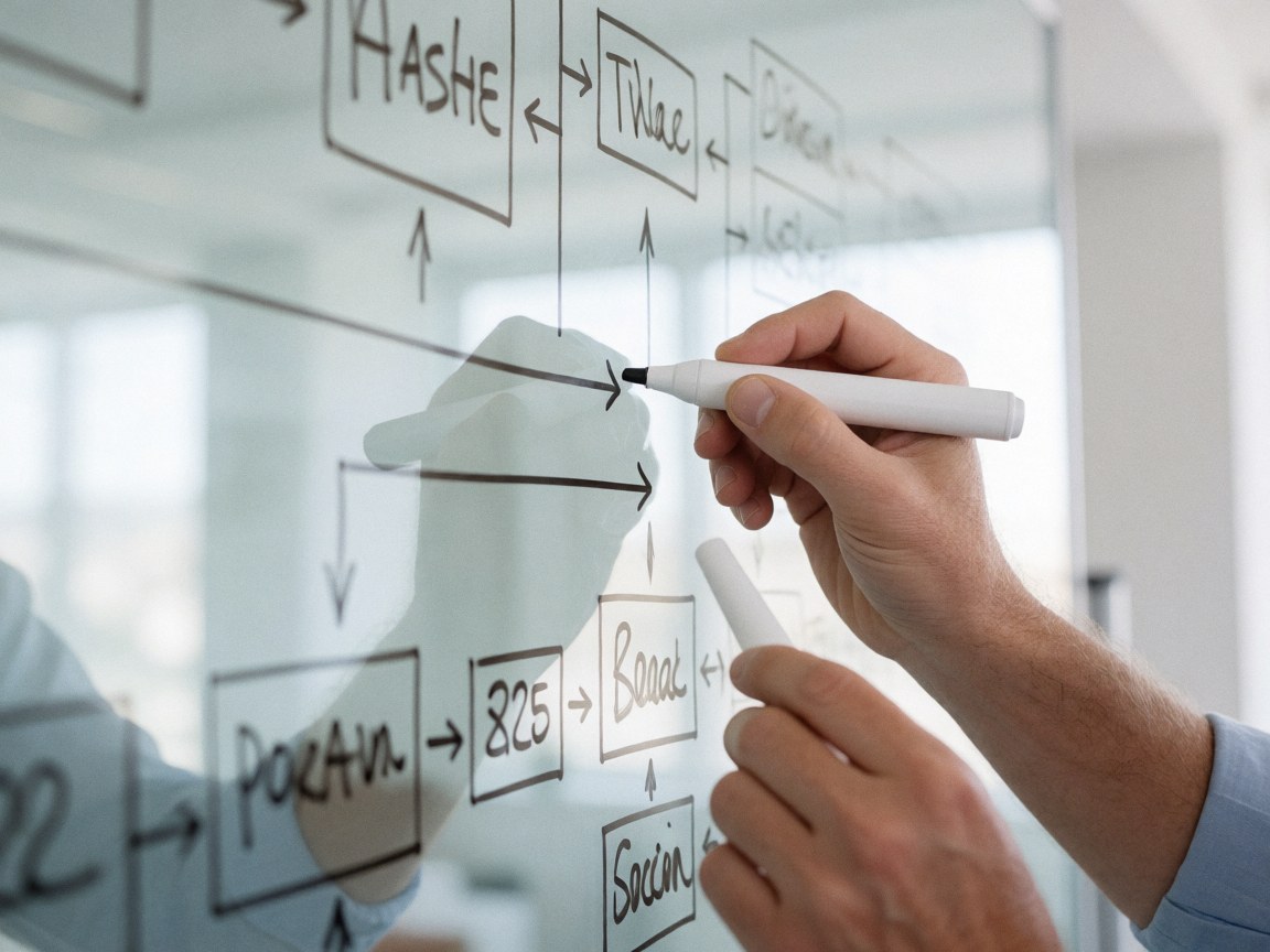 Close-up of a hand writing a flowchart diagram on a glass whiteboard in a bright office setting for business presentations and training.