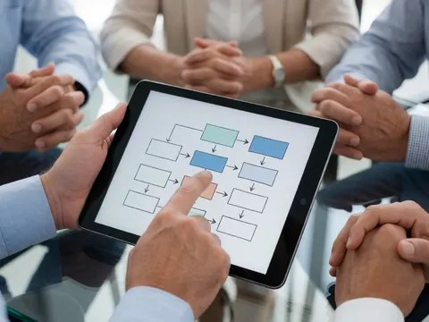 Business professionals in a meeting, one pointing at a flowchart displayed on a tablet resting on a glass table in a modern office setting.