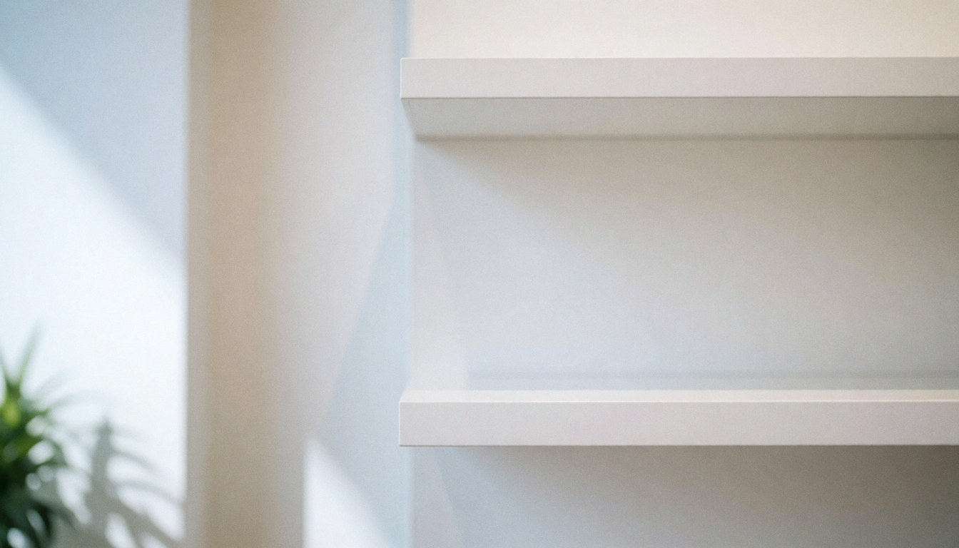 A clean, minimalist white shelving unit against a white background, ideal for showcasing electronics, phones, and digital products in a professional commercial setting.