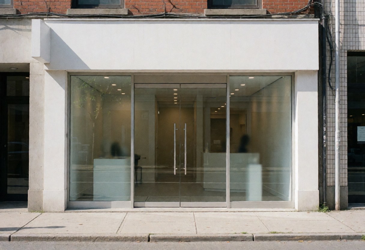 Modern glass door entrance of a professional consulting office building with clean interior visible through the glass, bright natural daylight and clear sky.