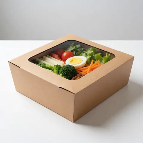 A healthy meal box containing fresh broccoli, carrots, lettuce, tomatoes, and eggs, ready for a nutritious lunch or dinner
