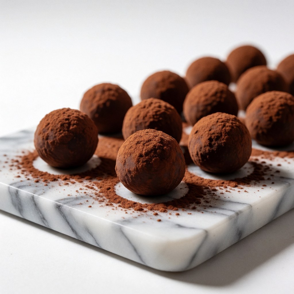 Handmade chocolate truffles dusted with cocoa powder arranged on a white and gray marble stone with soft elegant lighting and a white background