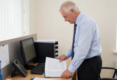 An older man sits at a desk in an insurance office, reviewing paperwork with a computer and phone nearby in a professional setting.