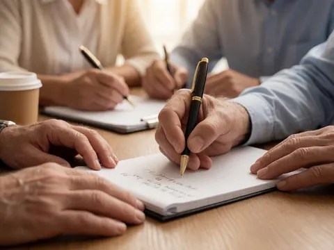 Close-up of adult hands writing in notebooks on a wooden table with coffee, capturing a professional planning scene.