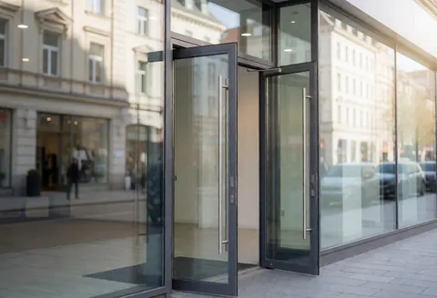 Open glass doors of a modern marketing agency storefront with a blurred urban background and natural daylight.
