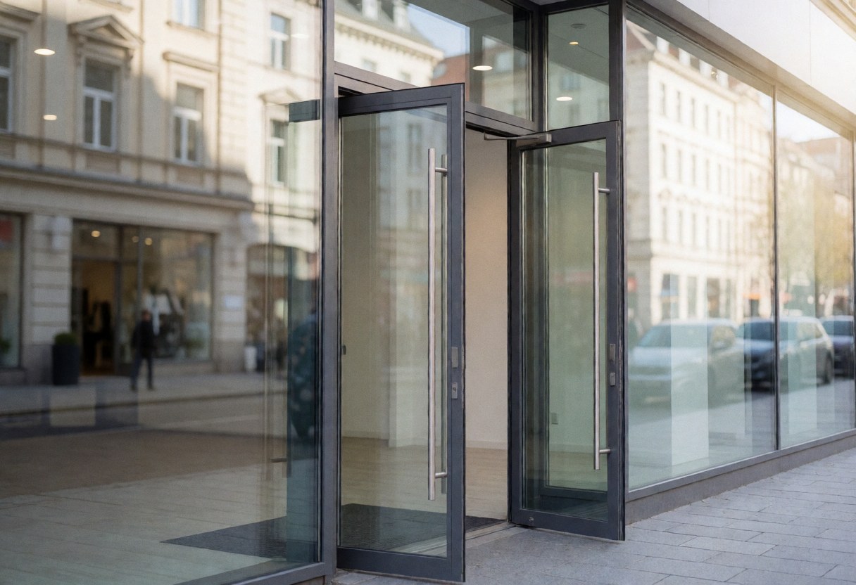 Open glass doors of a modern marketing agency storefront with a blurred urban background and natural daylight.