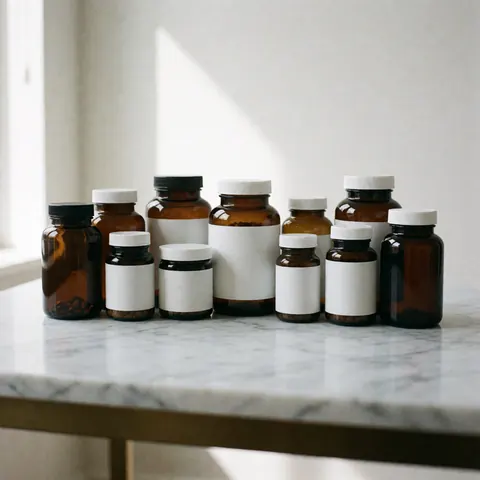 Several supplement bottles and containers are neatly arranged on a clean white marble table with soft natural lighting, highlighting health and wellness products.