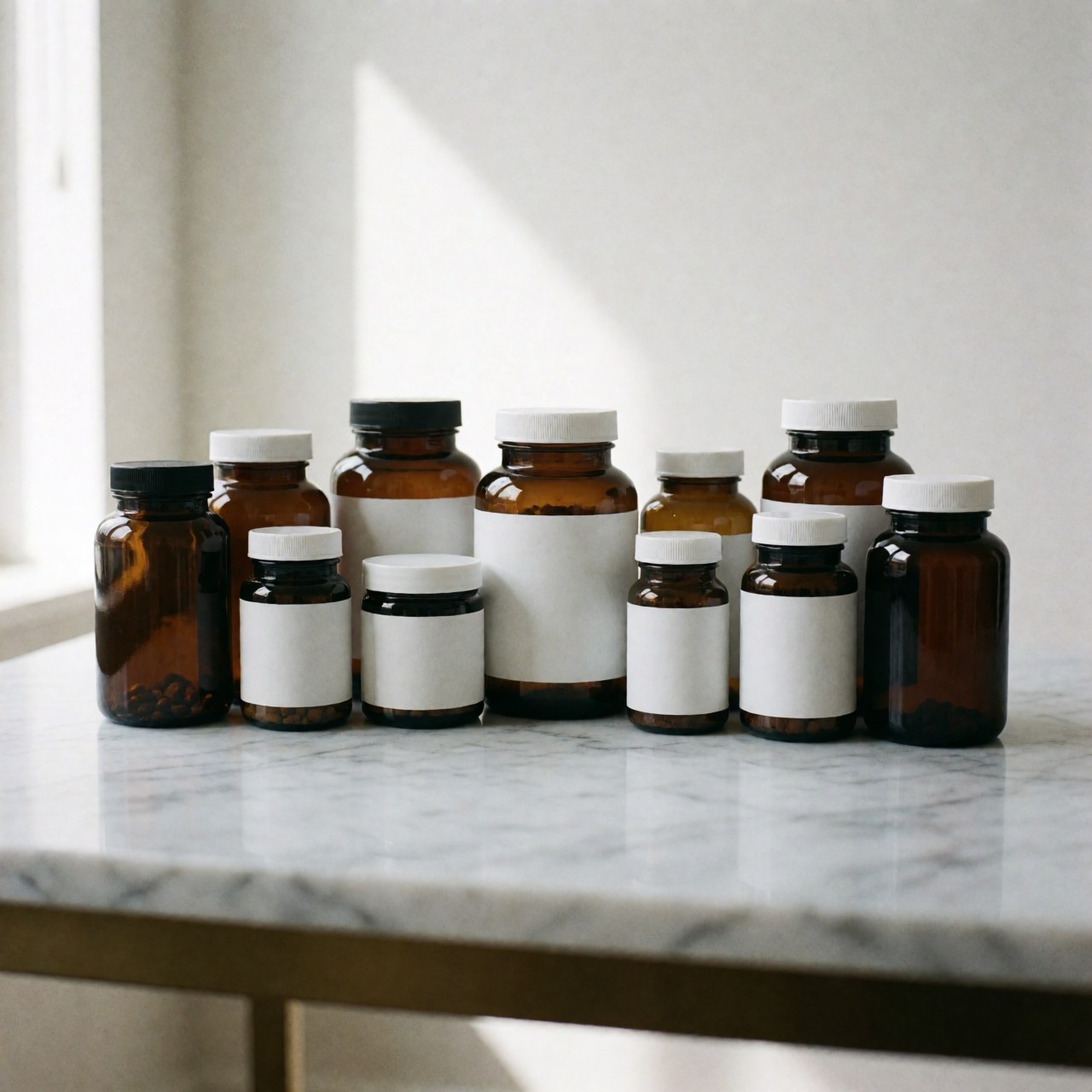 Several supplement bottles and containers are neatly arranged on a clean white marble table with soft natural lighting, highlighting health and wellness products.