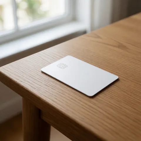 A sleek digital access card with a visible chip rests on a light wooden surface, symbolizing secure corporate identity and modern cybersecurity solutions for business use.
