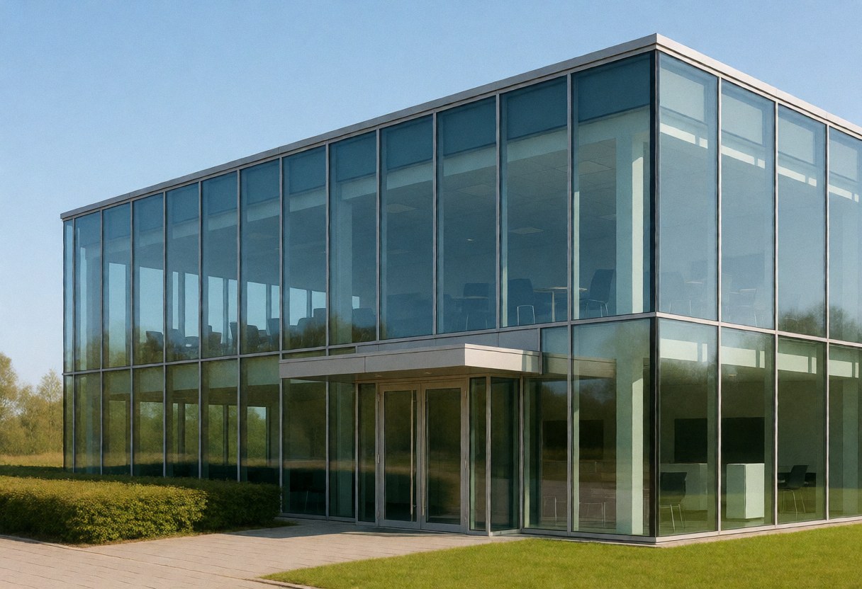 Modern glass office building with main entrance, green lawn, and blue sky, suitable for online education centers