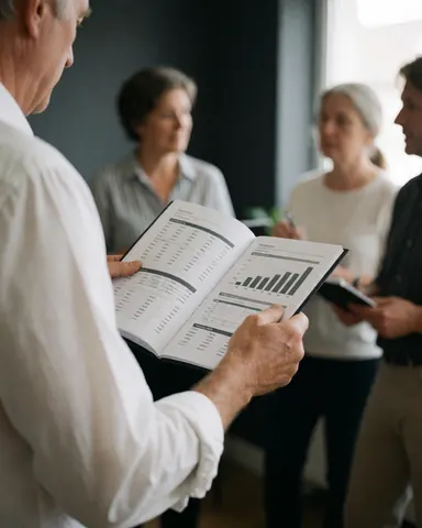A senior consultant displays a data chart with graphs to his attentive team during an office meeting, standing with a blurred background and natural light.