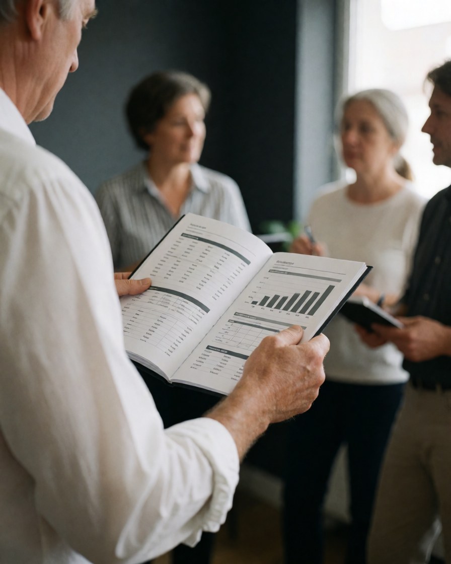 A senior consultant displays a data chart with graphs to his attentive team during an office meeting, standing with a blurred background and natural light.
