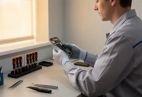 Technician in gray uniform repairing a disassembled smartphone in a well-lit workshop with organized tools and natural light from a window.