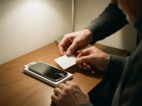 Adult hand placing a white warranty card beside a smartphone screen protector on a wooden table with warm lighting and blurred background