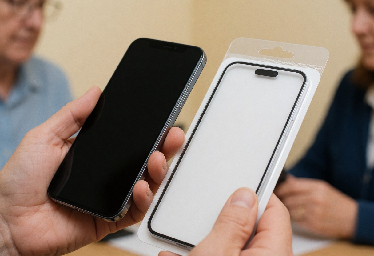 Close-up view of a technician's hands carefully applying a protective screen film to a mobile phone display in a retail electronics store