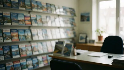 A clean white office desk featuring travel brochures, a map, and a chair near a window with natural light, suitable as a background for insurance text.