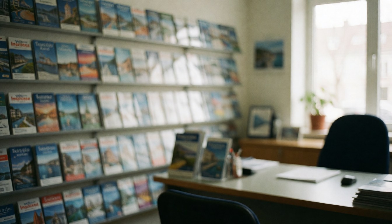 A clean white office desk featuring travel brochures, a map, and a chair near a window with natural light, suitable as a background for insurance text.