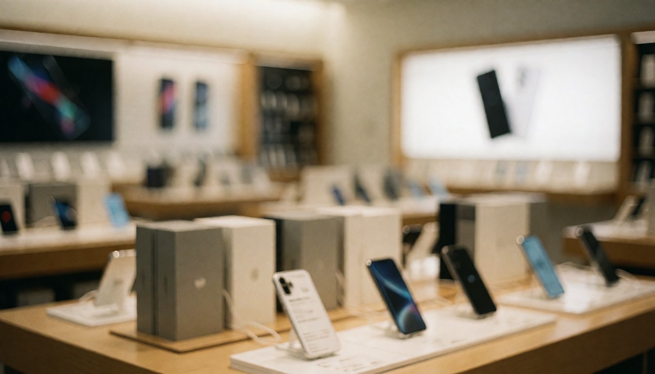 Soft focus background of a mobile phone shop with illuminated product displays and warm lighting, providing ample copy space for commercial text.