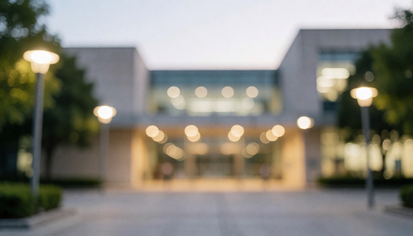 A modern university entrance at sunset featuring warm lighting and soft bokeh, providing a calm and professional background for text overlays.