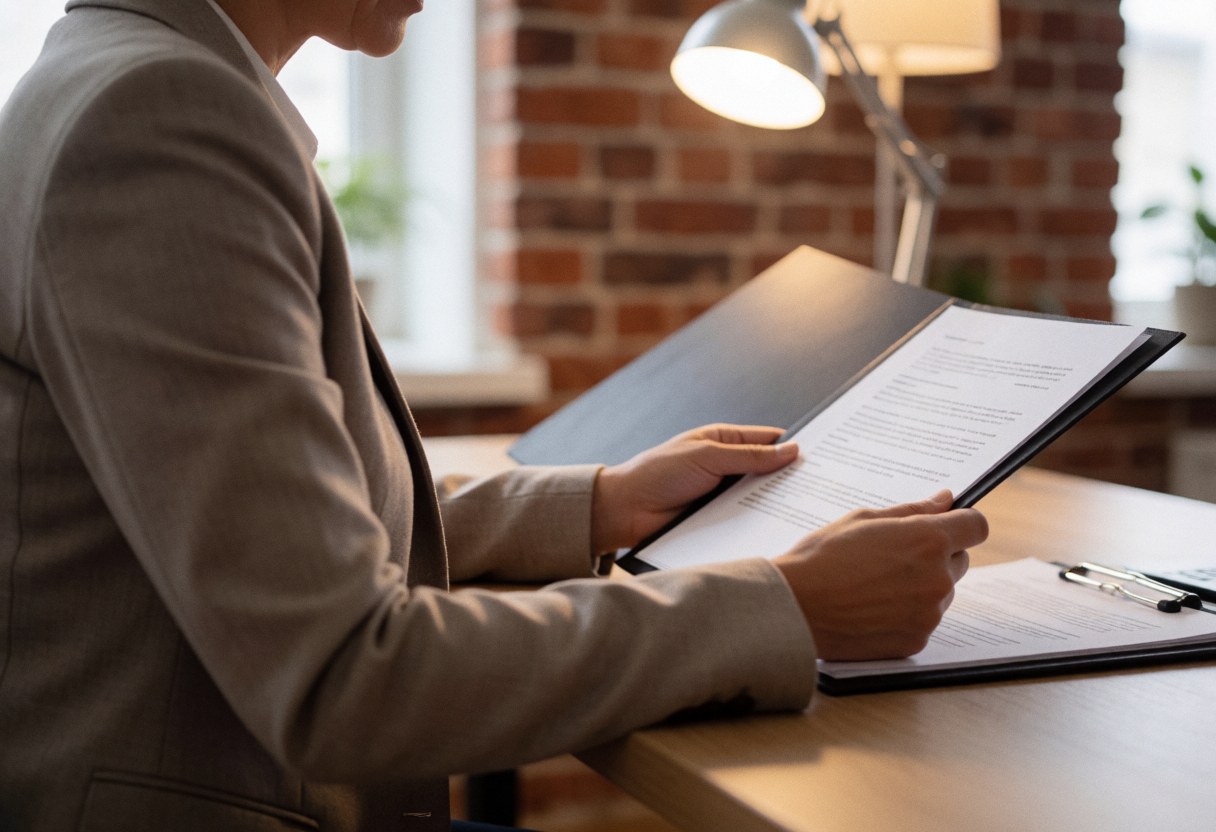 Insurance agent reviewing documents at a desk in an office with a brick wall and warm lighting.