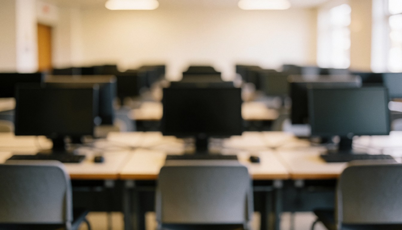 Blurred background of a university computer lab with wooden desks and gray walls, suitable for educational text overlays.