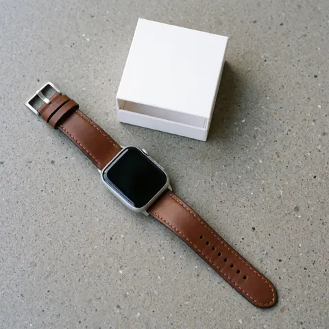 A modern smartwatch featuring a brown leather strap rests on a textured gray concrete surface next to a white box, highlighting electronic product design.