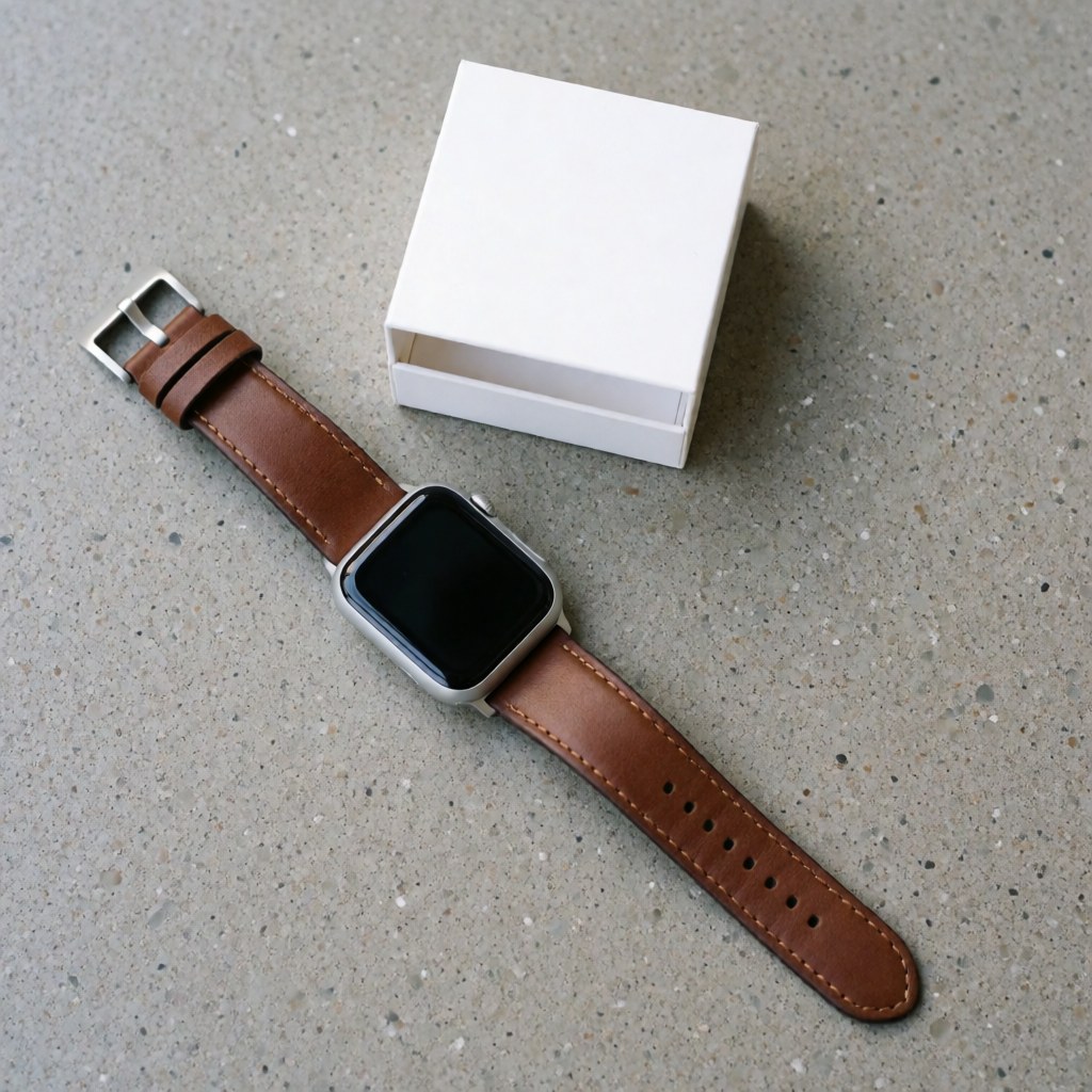 A modern smartwatch featuring a brown leather strap rests on a textured gray concrete surface next to a white box, highlighting electronic product design.