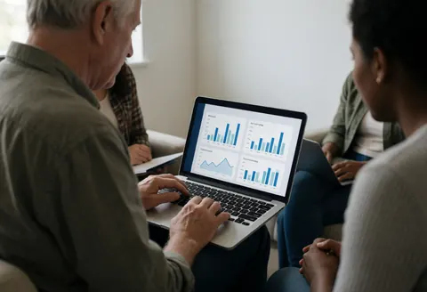 A student reviews statistical data on a laptop while other students converse in a university campus lounge setting with visible charts.