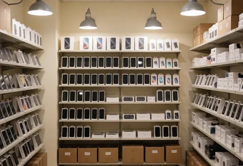 Neatly arranged shelves stocked with smartphone boxes and accessories in a well-lit beige electronics store interior.