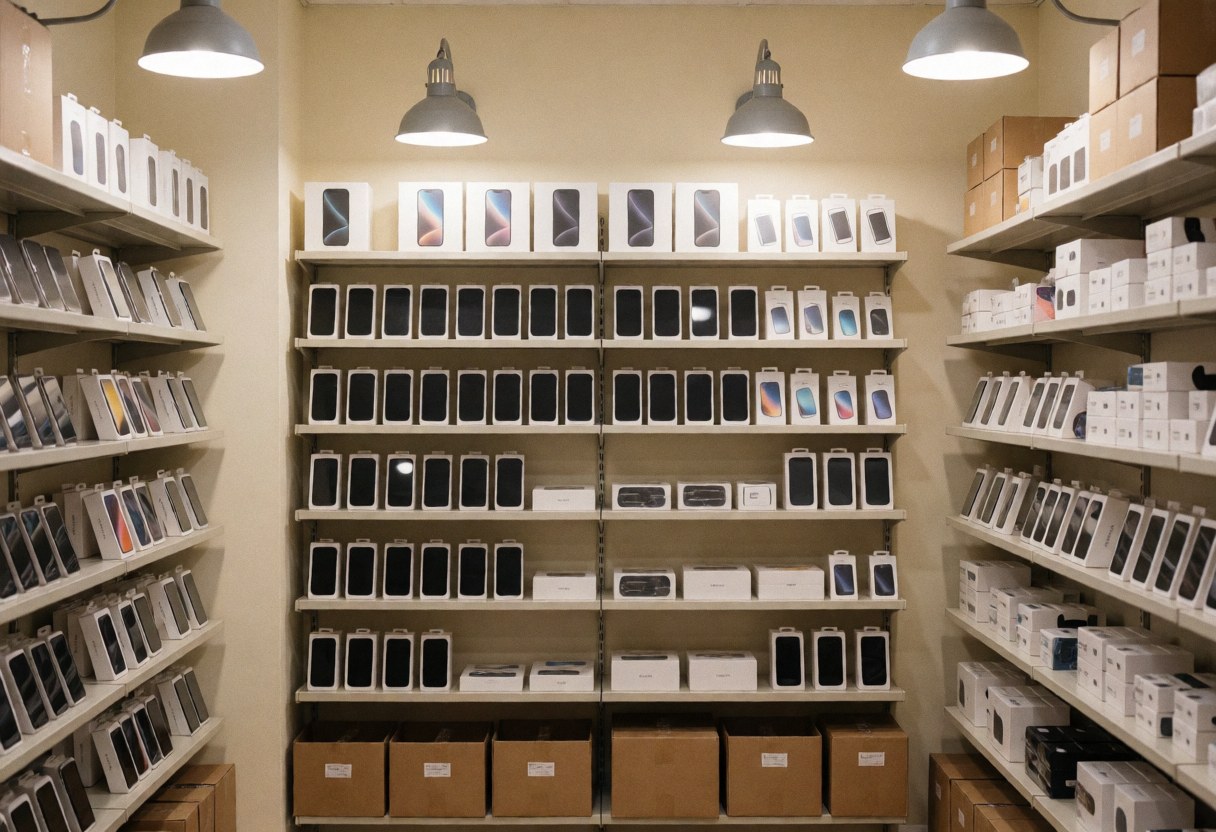 Neatly arranged shelves stocked with smartphone boxes and accessories in a well-lit beige electronics store interior.