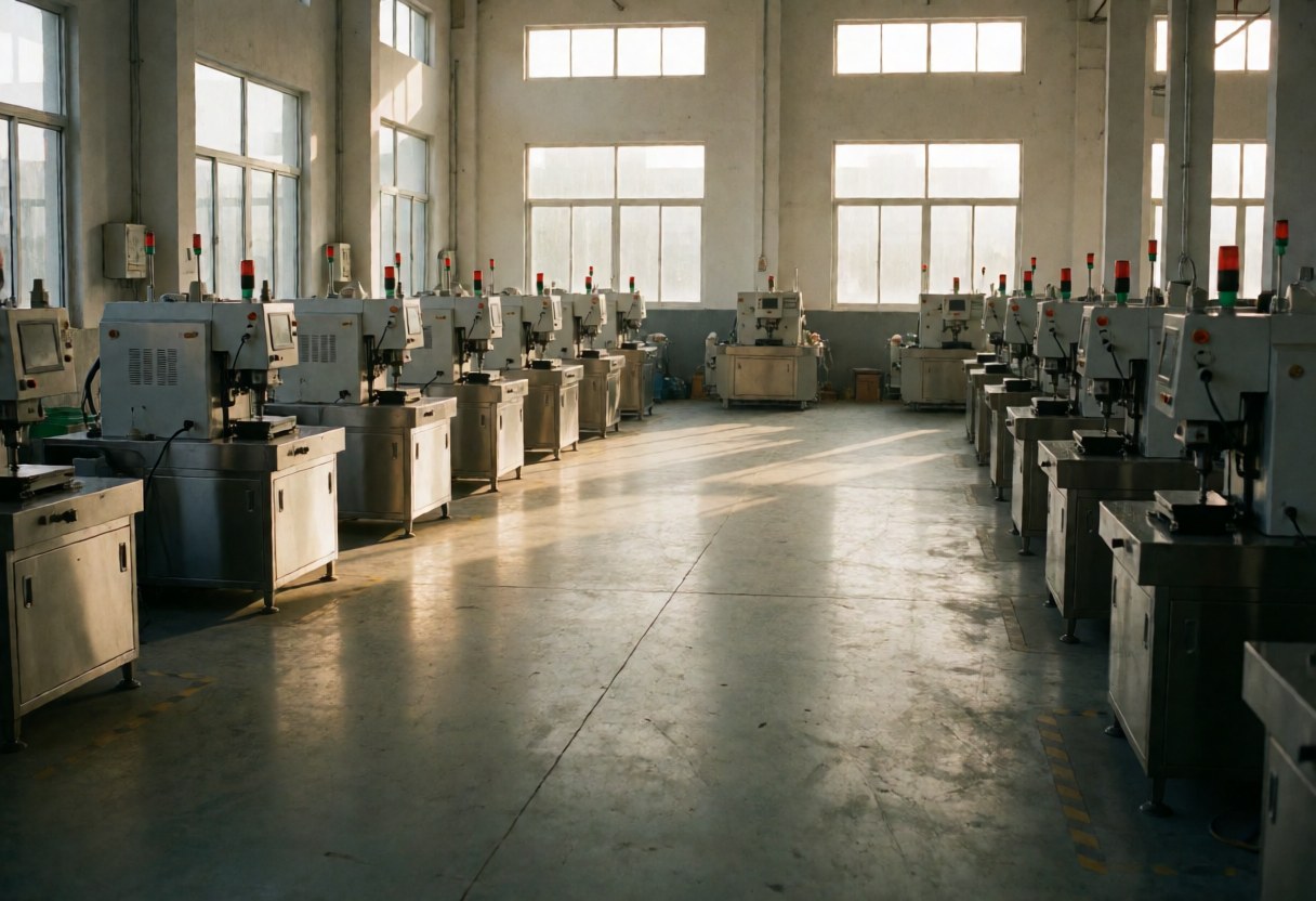 Empty industrial factory floor with aligned production machinery, natural light from windows, polished concrete floor, clean and orderly environment ready for operation.