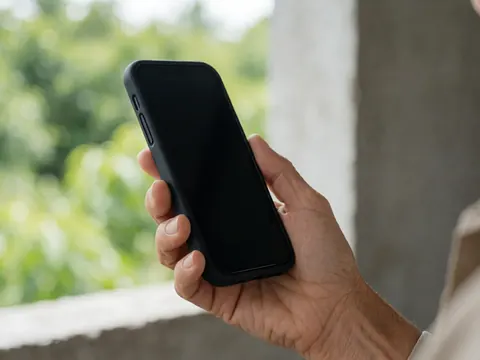 Close-up of a hand holding a smartphone with a blurred background of green foliage and concrete, symbolizing digital communication and therapy tools.