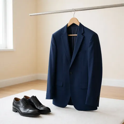 Navy blazer and black Oxford shoes placed on a white carpet in a beige room, suitable for professional and human resources settings